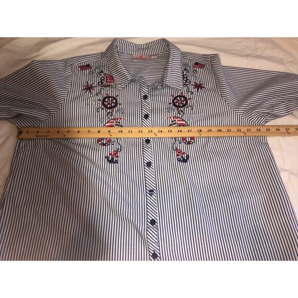 Quacker Factory Shirt Size XL Tie Front Embroidered Blue Nautical Patriotic - Picture 6 of 8